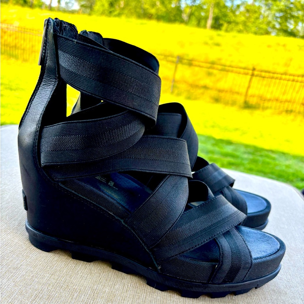Sorel Black Strappy Wedge Sandals